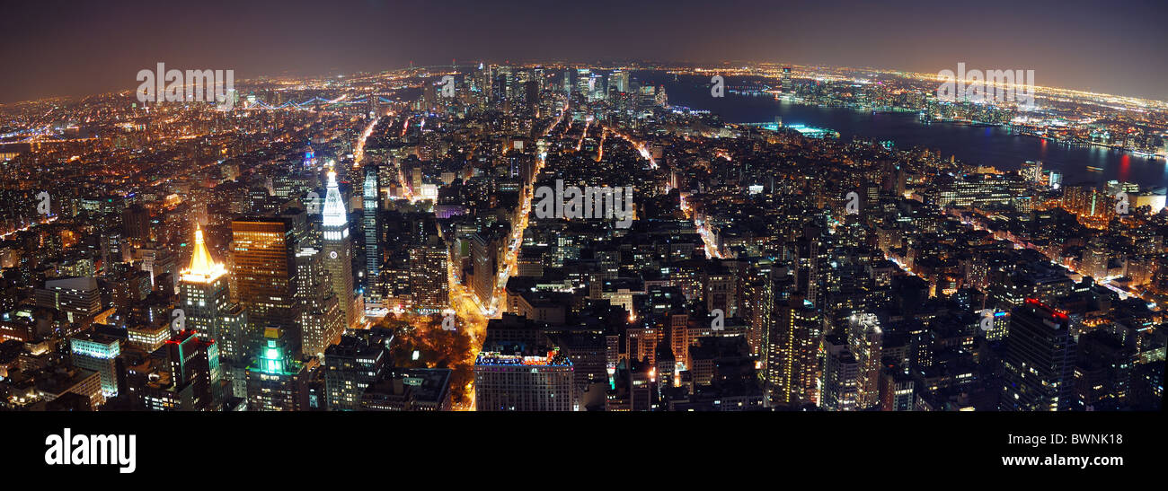 New York City aerial view panorama with Manhattan skyline at night ...