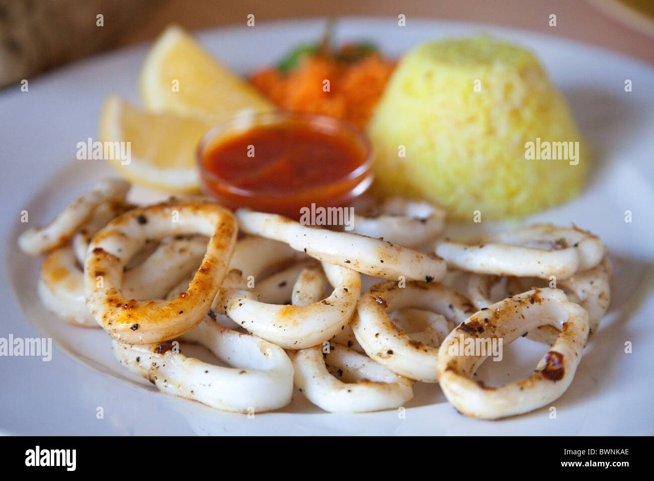 Plate of Calamari at a Old Man and the Sea restaurant in Mombasa, Kenya Stock Photo
