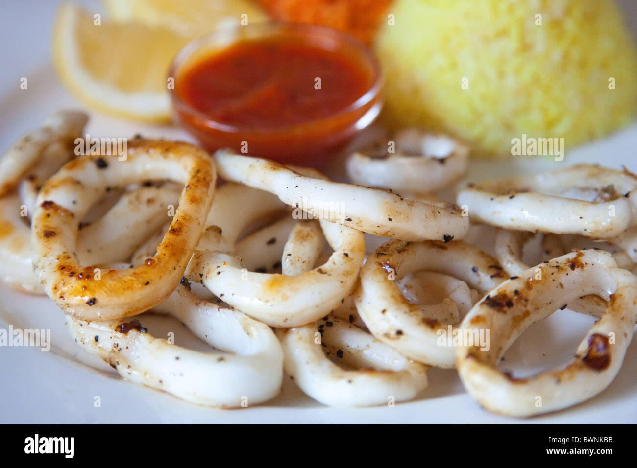 Plate of Calamari at a Old Man and the Sea restaurant in Mombasa, Kenya Stock Photo