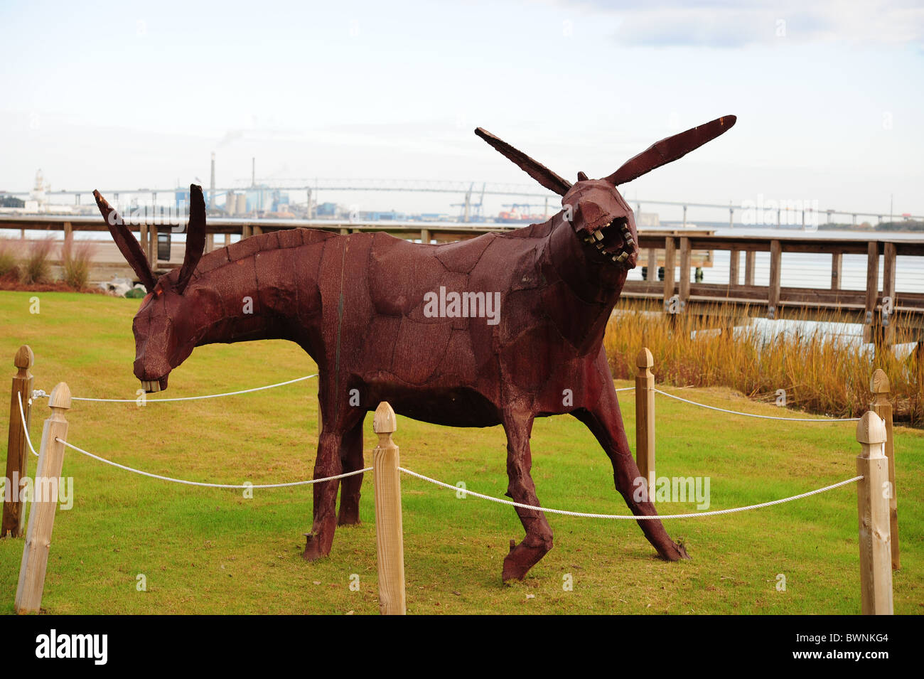 Situational art object, two-headed donkey, one head at each end of donkey Stock Photo