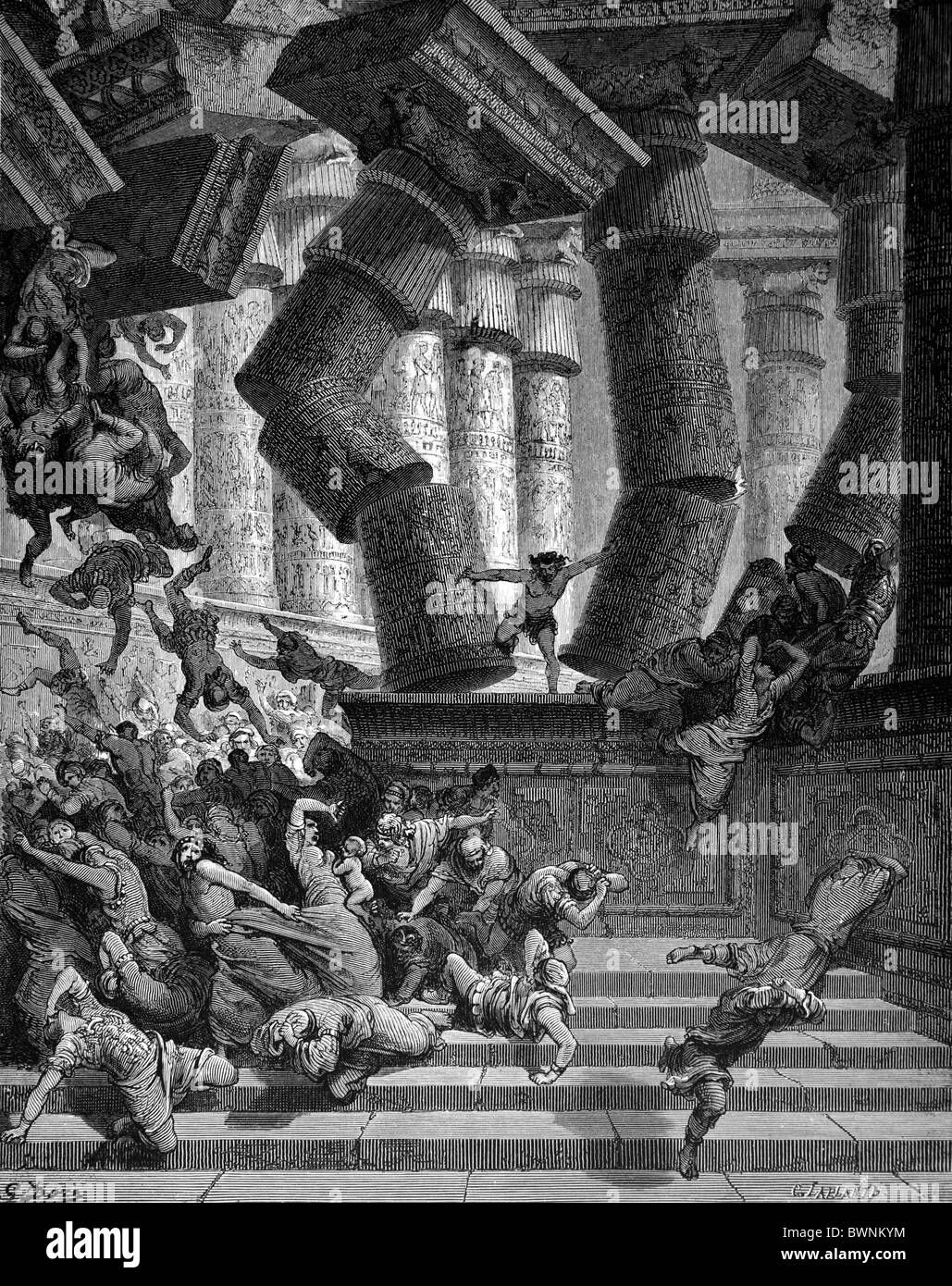 Gustave Doré; Samson destroying the house of the Philistines at Gaza; Black and White Engraving Stock Photo