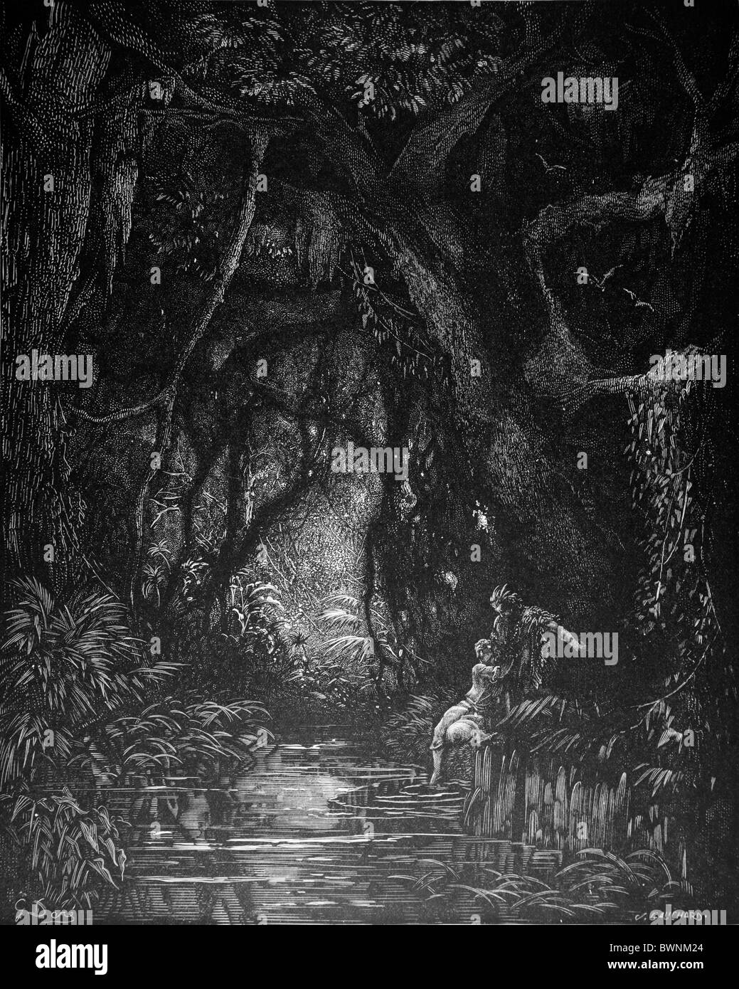 Gustave Doré; The Deep Mid Forest from Chactas and Atala, a novella by François-René de Chateaubriand; Black and White Engraving Stock Photo