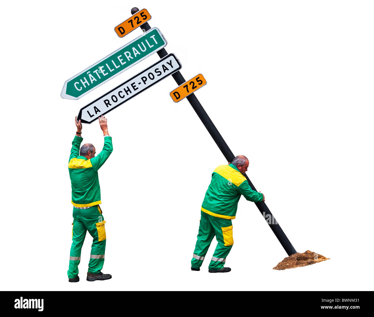 Town council workmen erecting direction signpost (cut out) - France. Stock Photo