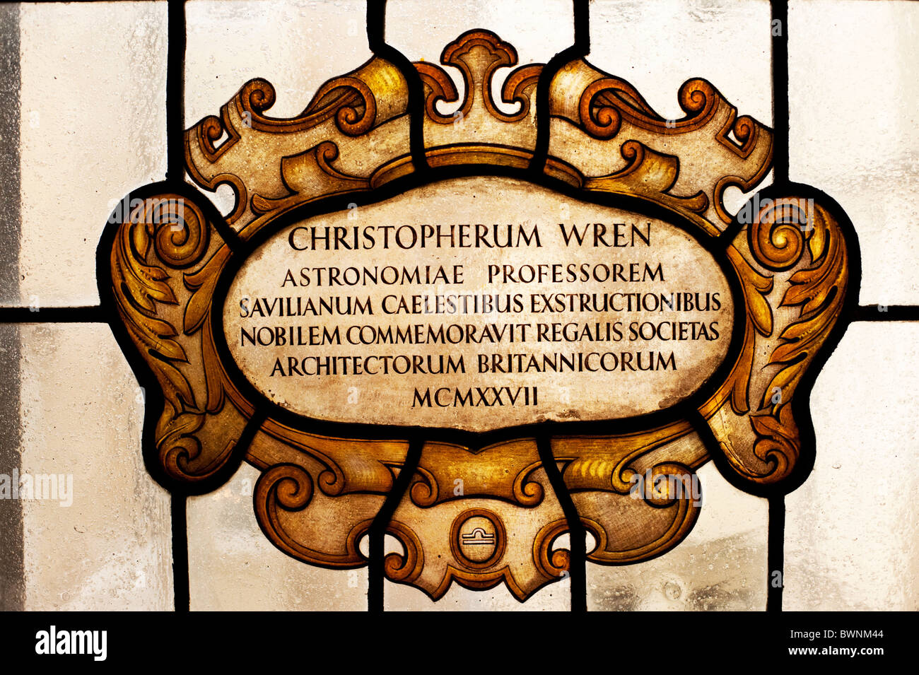 A lead glass window commemorating Christoper Wren at the Oxford Science museum. Stock Photo