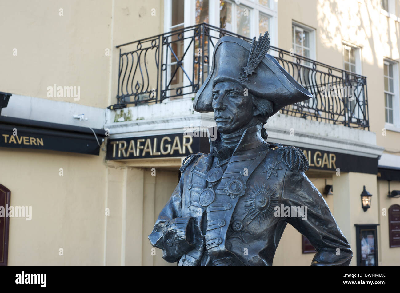 Statue of Nelson outside the Trafalgar Tavern in Greenwich, London, UK Stock Photo