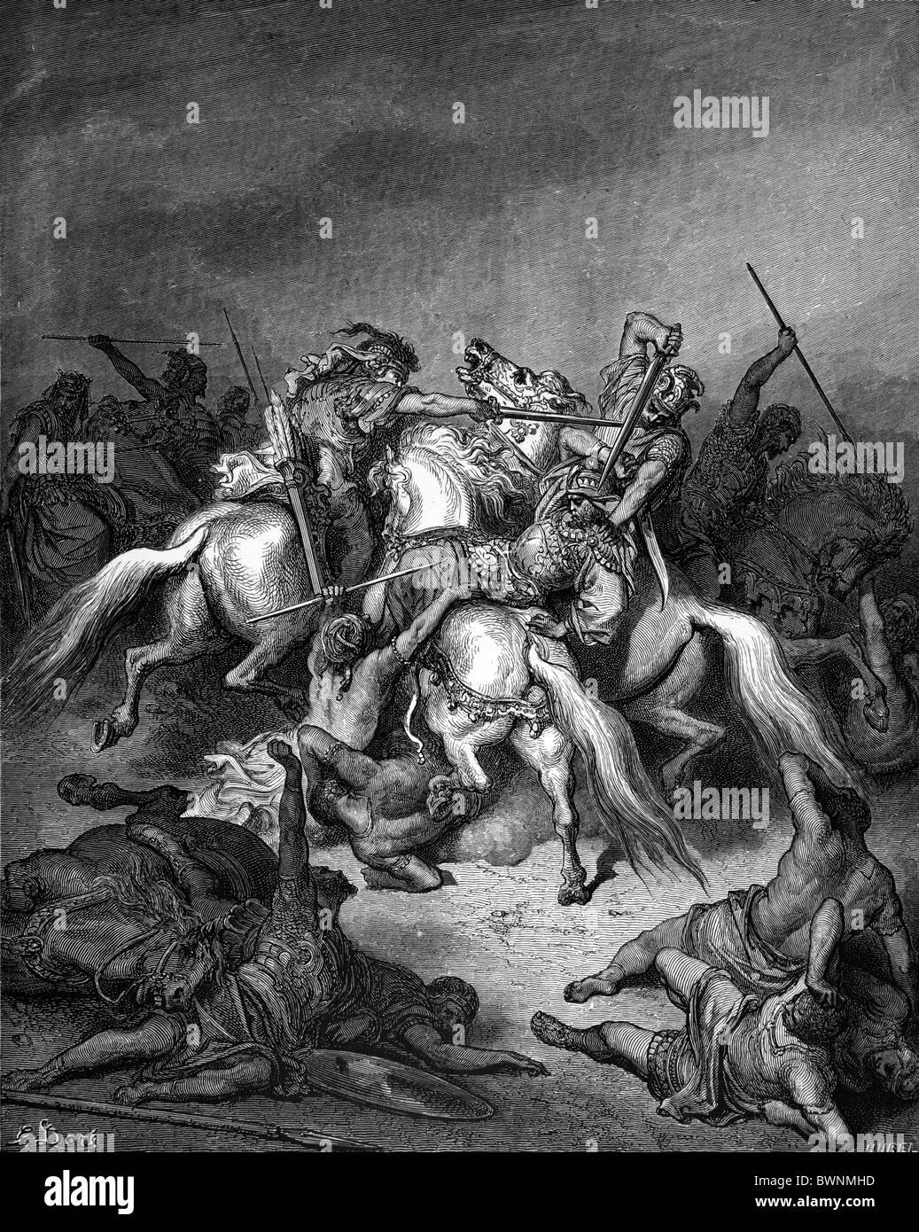 Gustave Doré; Abishai Saving the Life of David; Black and White Engraving Stock Photo