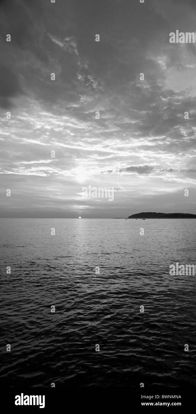 Verudela Beach, Pula, Croatia. The beautiful Istrian coastline and view from behind the Hotel Brioni at sunset. Stock Photo