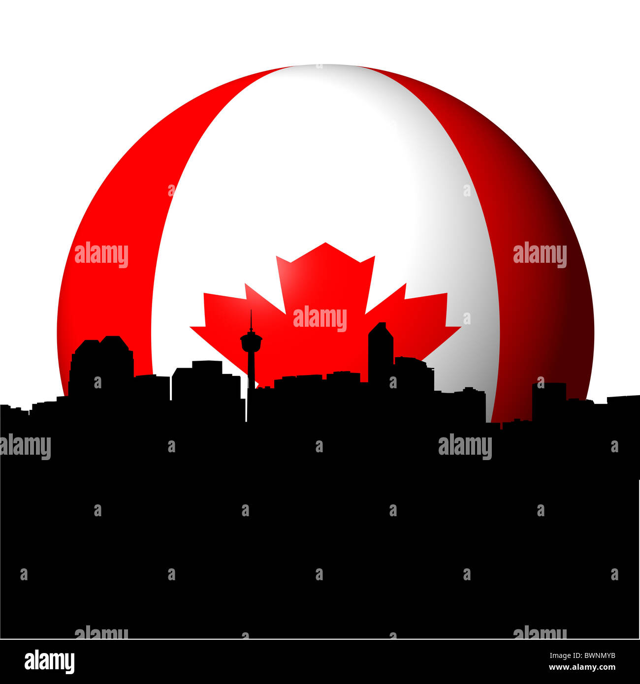 Calgary skyline with Canadian flag sphere illustration Stock Photo