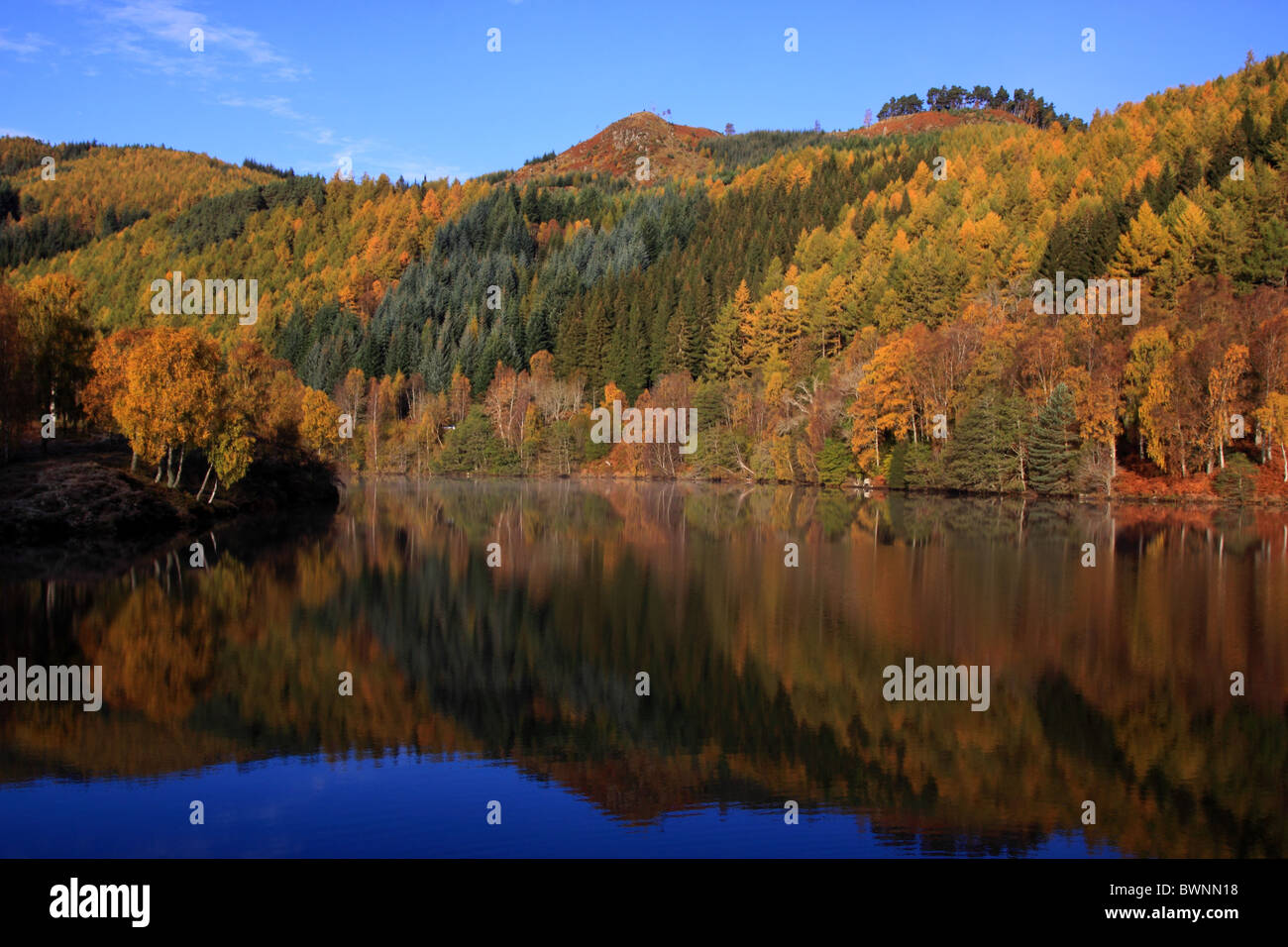 UK Scotland Perthshire Tayside Reflection in Loch Tummel Stock Photo