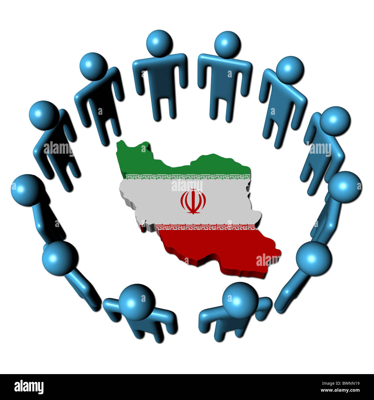 Circle of abstract people around Iran map flag illustration Stock Photo
