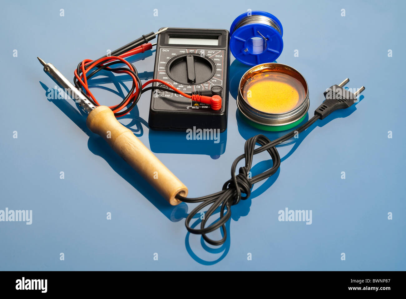Electronic components on a blue background. Stock Photo