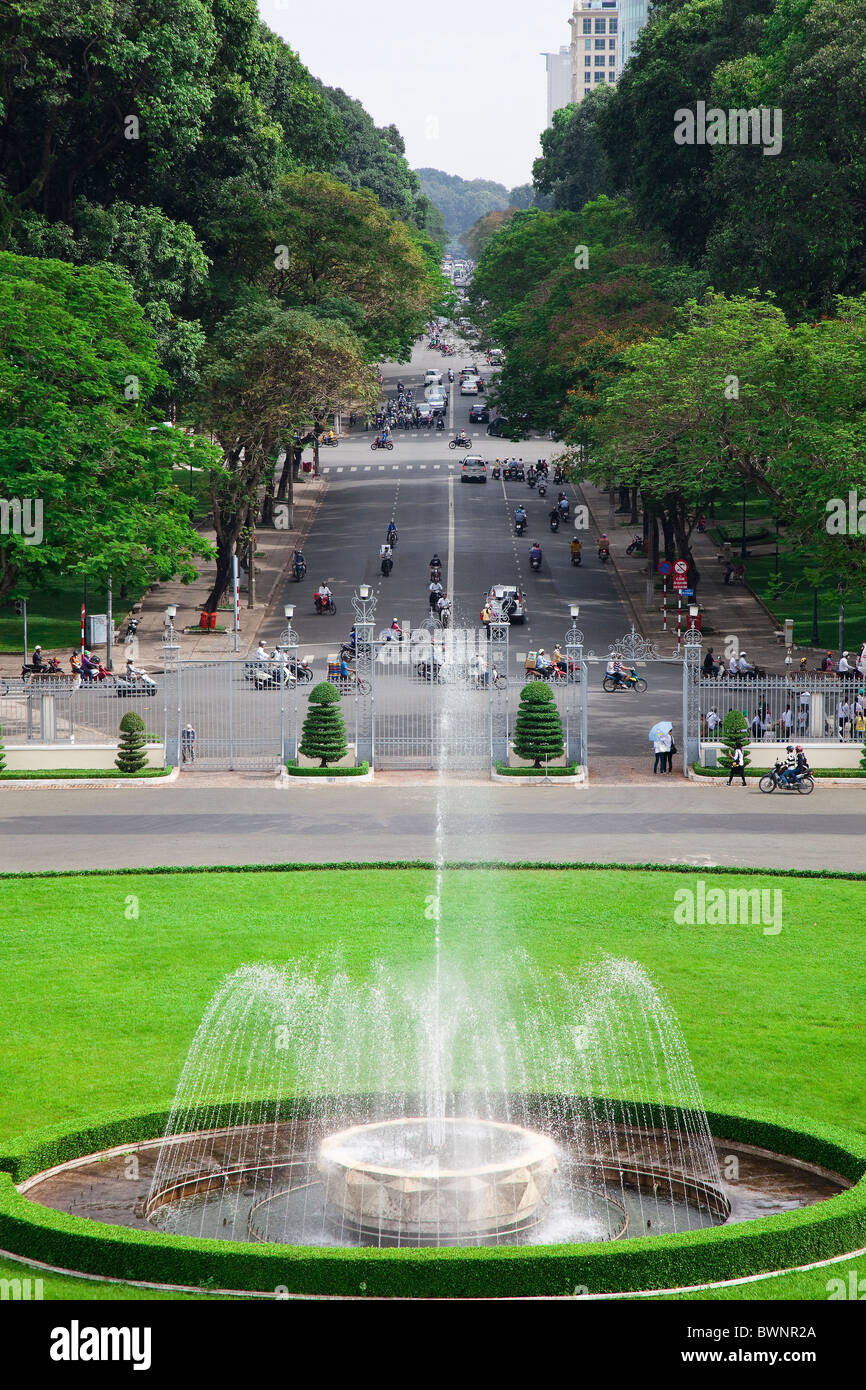 View of the fountain and gates of Reunification Hall from the 3rd Floor. Stock Photo