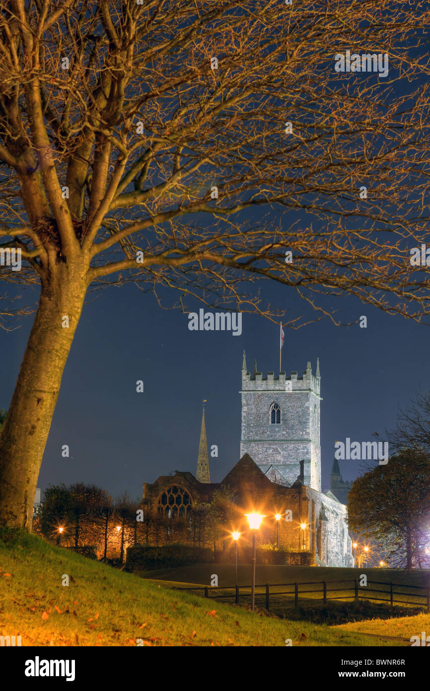 Night scene of St Peter's Church in Castle Park, Bristol, UK Stock Photo