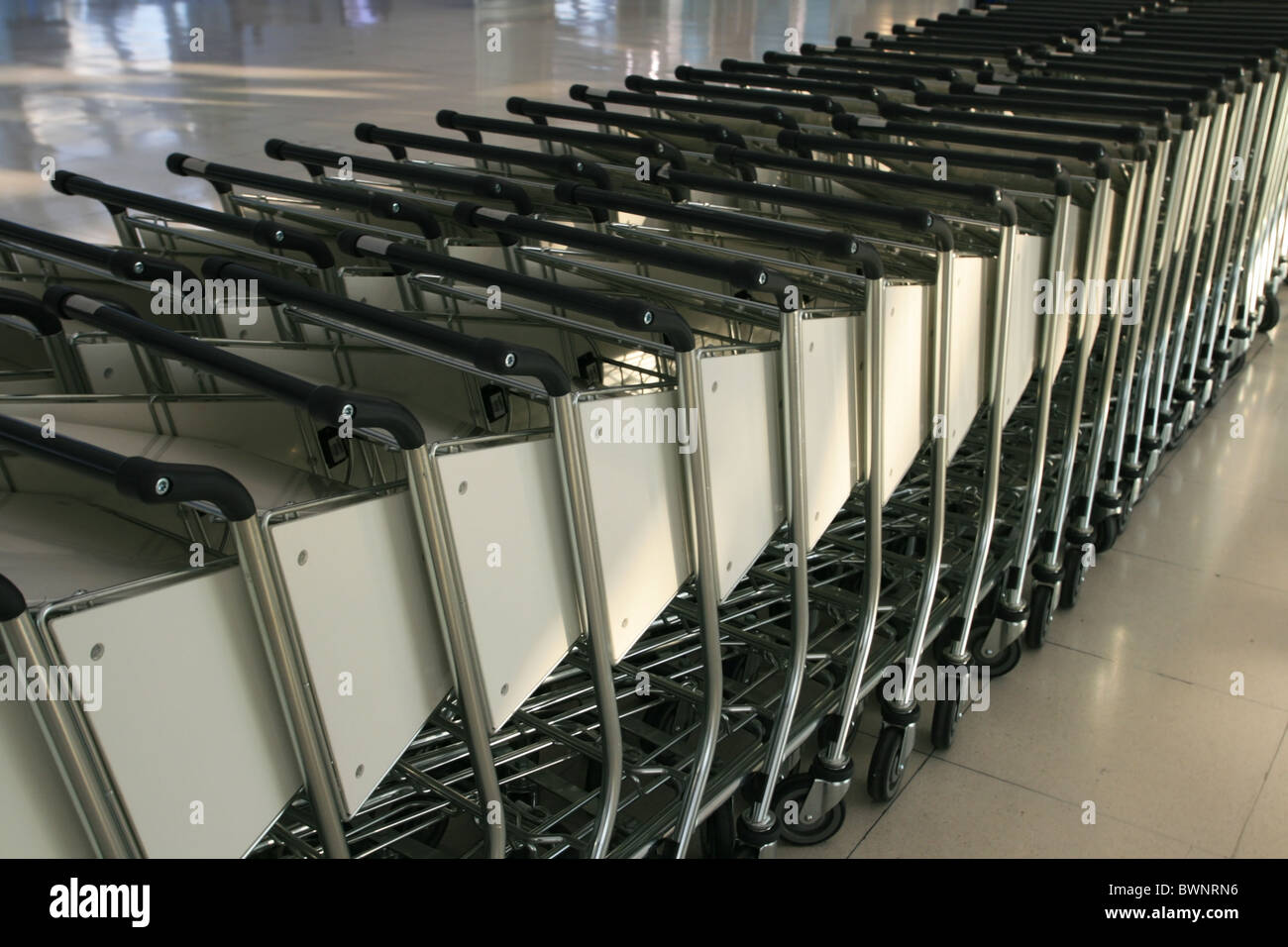 rows of airport baggage carts ready for passengers to use them Stock
