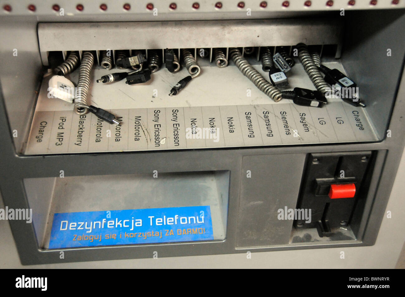 A machine allowing users to charge different brands of mobile phones