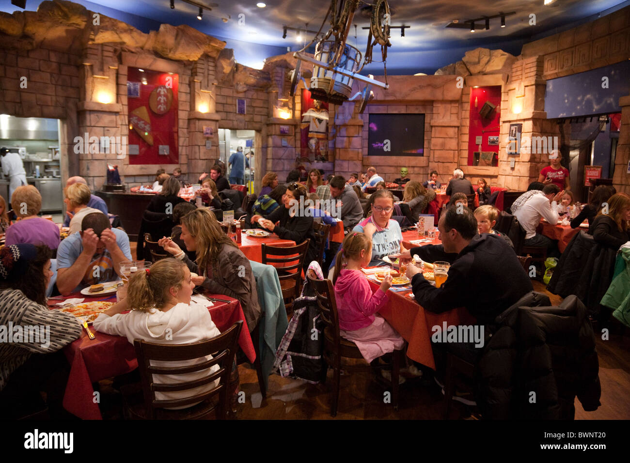 People eating in the Planet Hollywood restaurant, Disney Village, Disneyland Paris, France Stock Photo