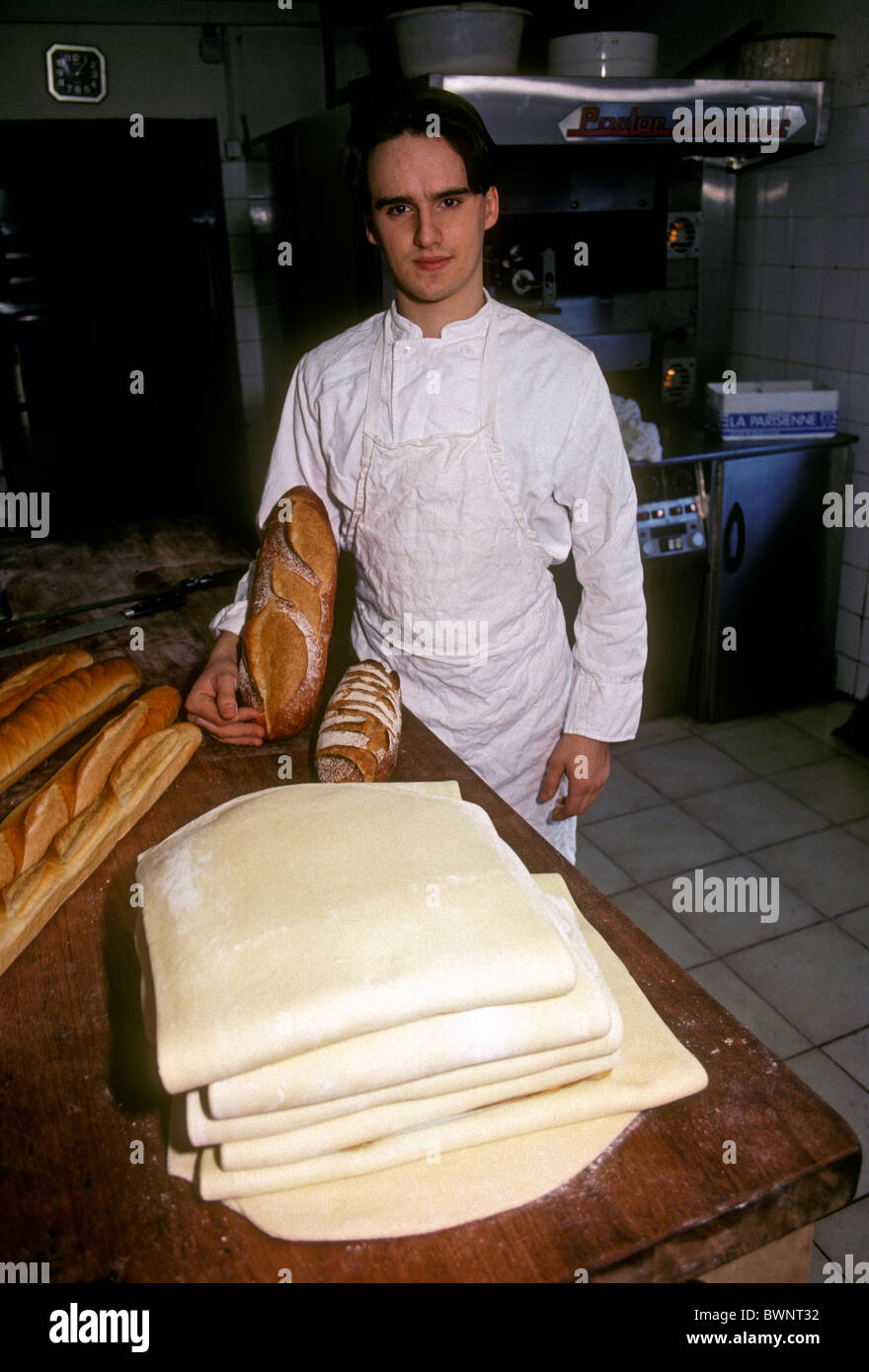 French Basque, teenage boy, baker, family bakery, village of Mouguerre,  Mouguerre, French Basque Country, France Stock Photo