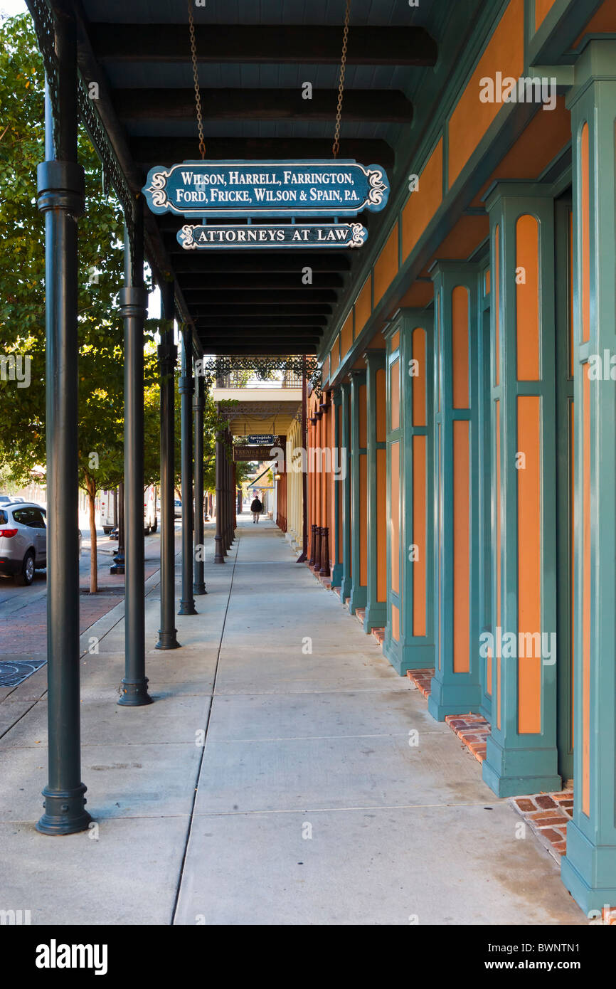 Covered sidewalk on Palafox Street in historic downtown Pensacola, Gulf ...