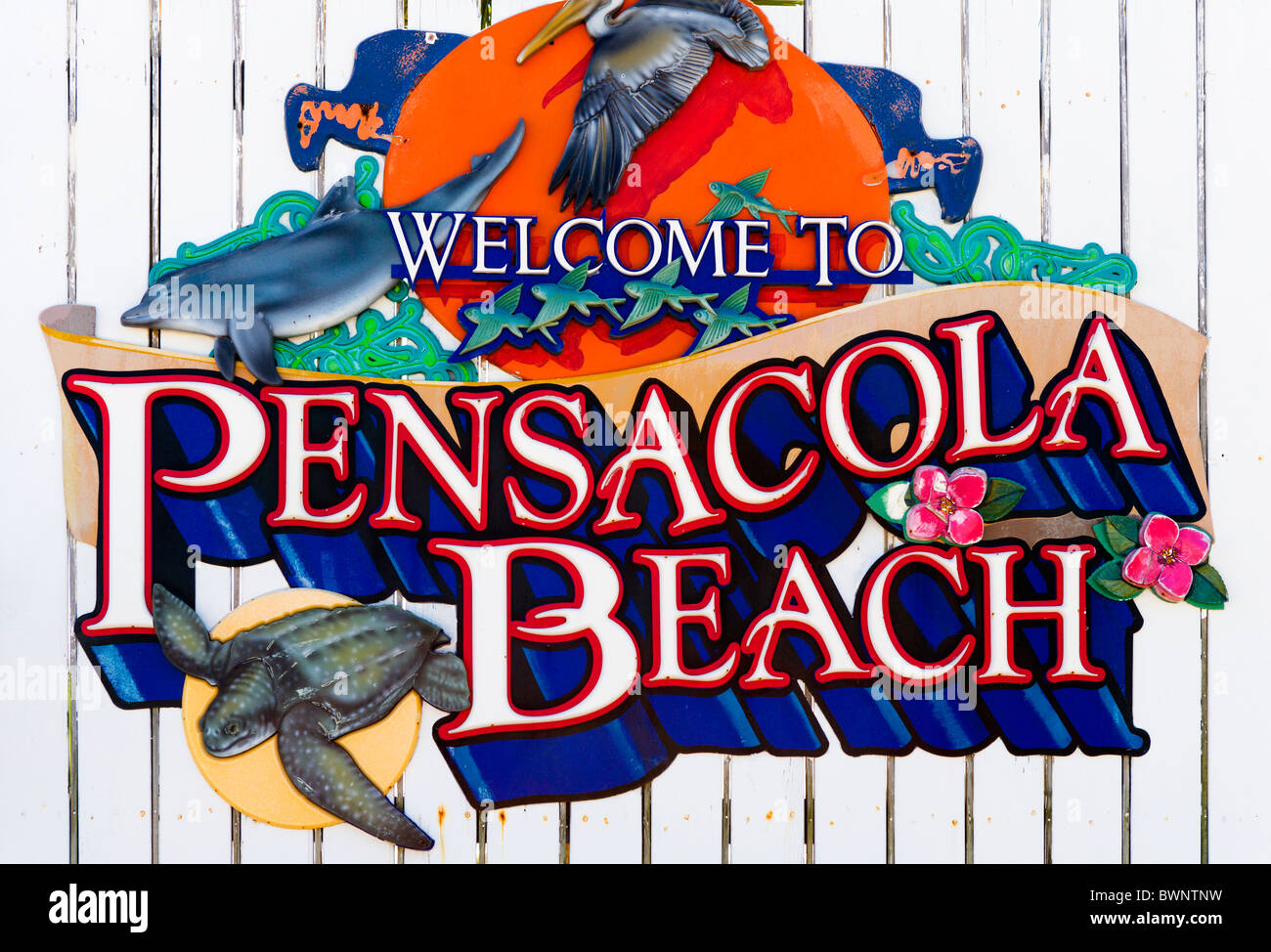 Welcome sign to Pensacola Beach, Gulf Coast, Florida, USA Stock Photo