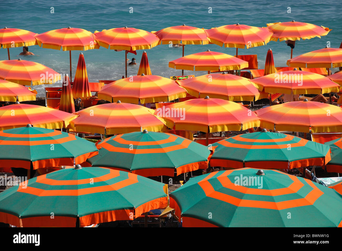 beach umbrellas Positano Italy Stock Photo