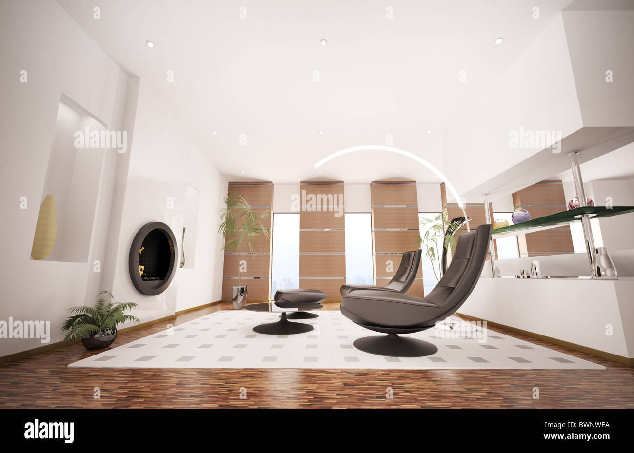 Modern interior of living room with fireplace and two black armchairs 3d render Stock Photo