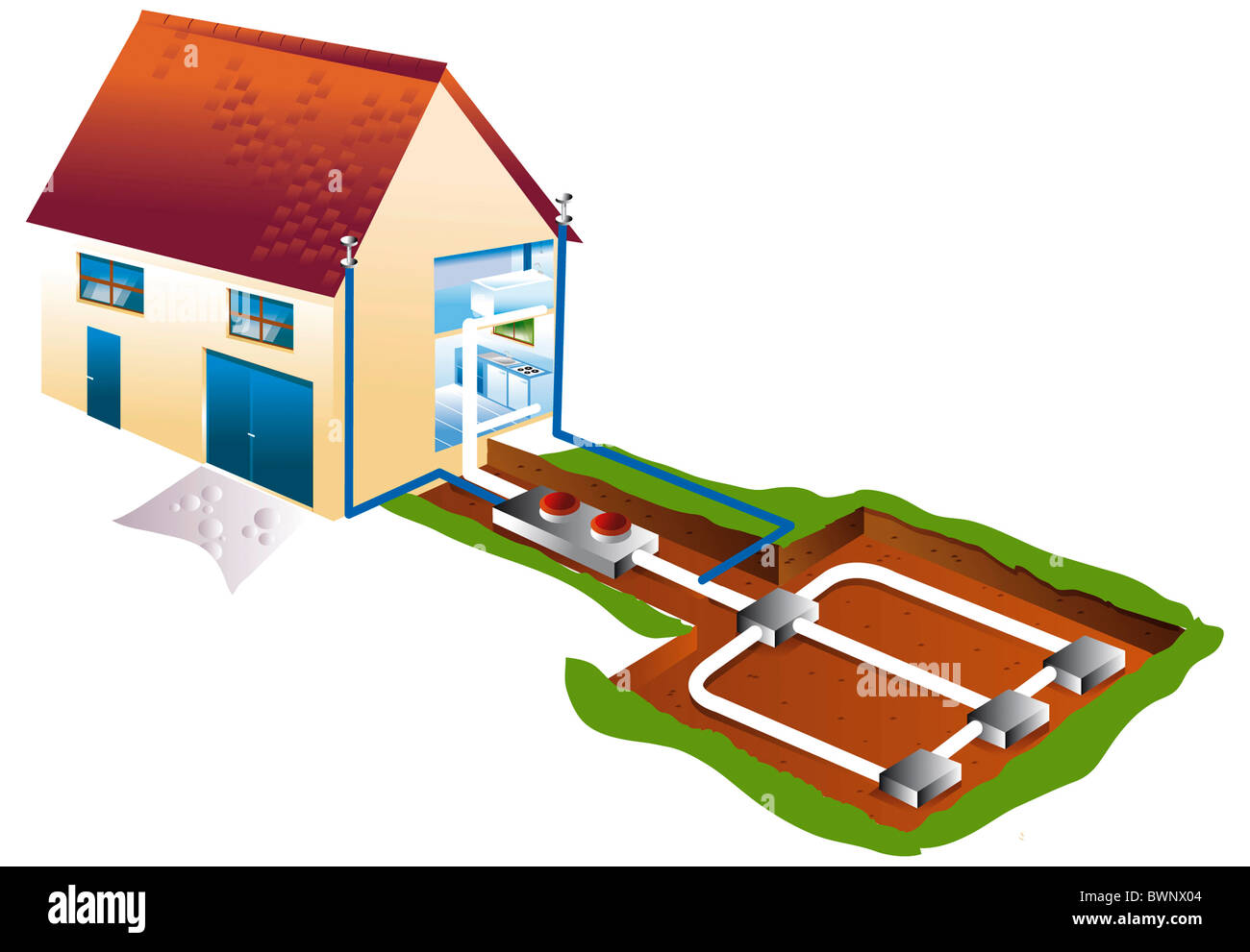 air conditioning and geothermics in basement Stock Photo Alamy