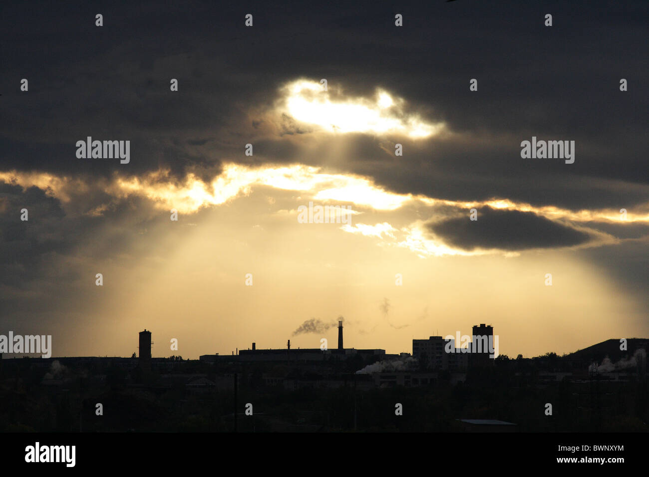 A factory in the sunset in Donetsk sity Stock Photo
