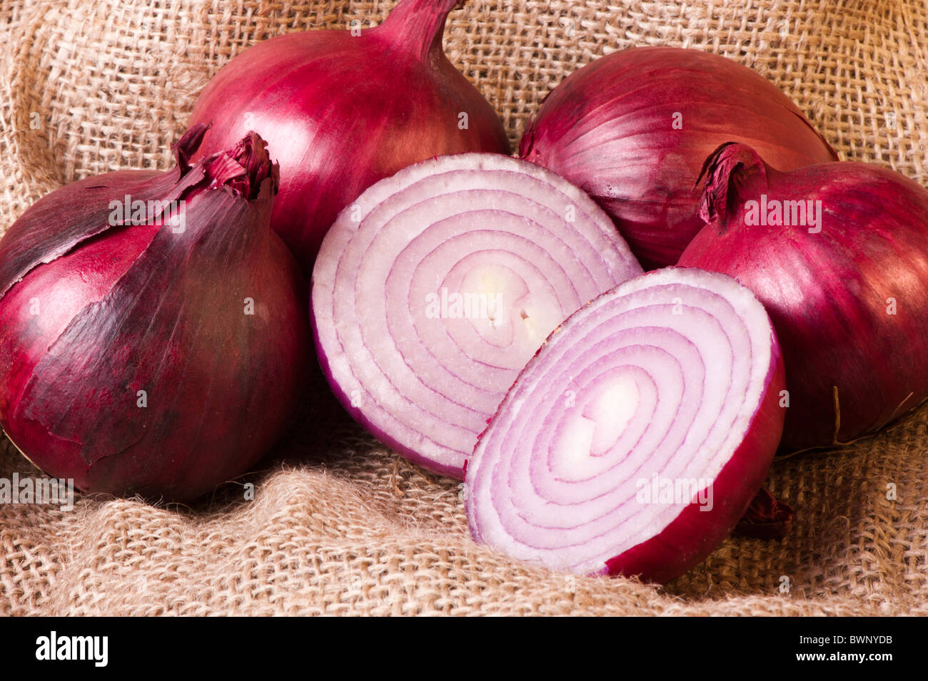 cut red onion in a natural setting Stock Photo Alamy