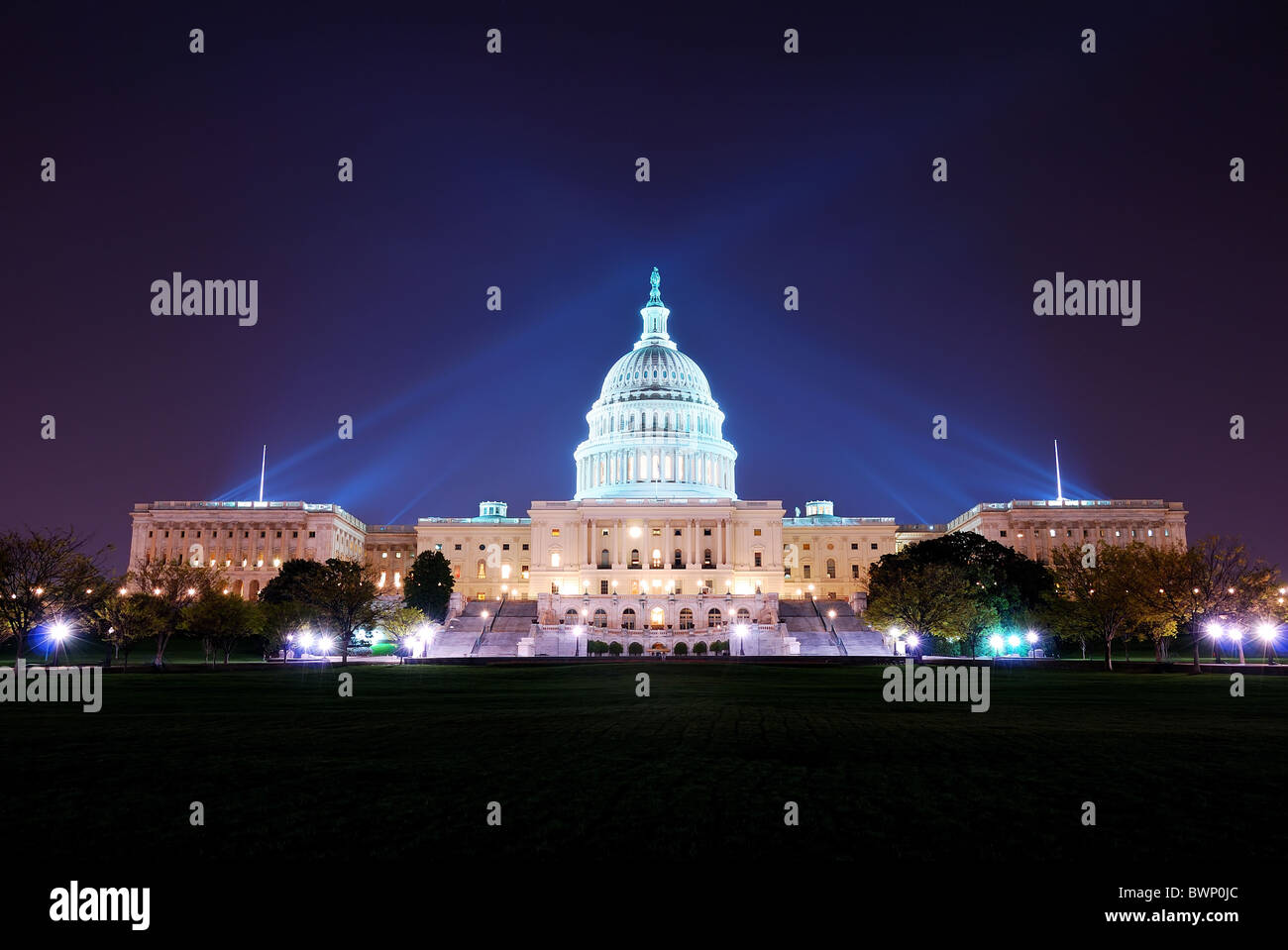 Capitol hill building at night illuminated with light, Washington DC. Stock Photo