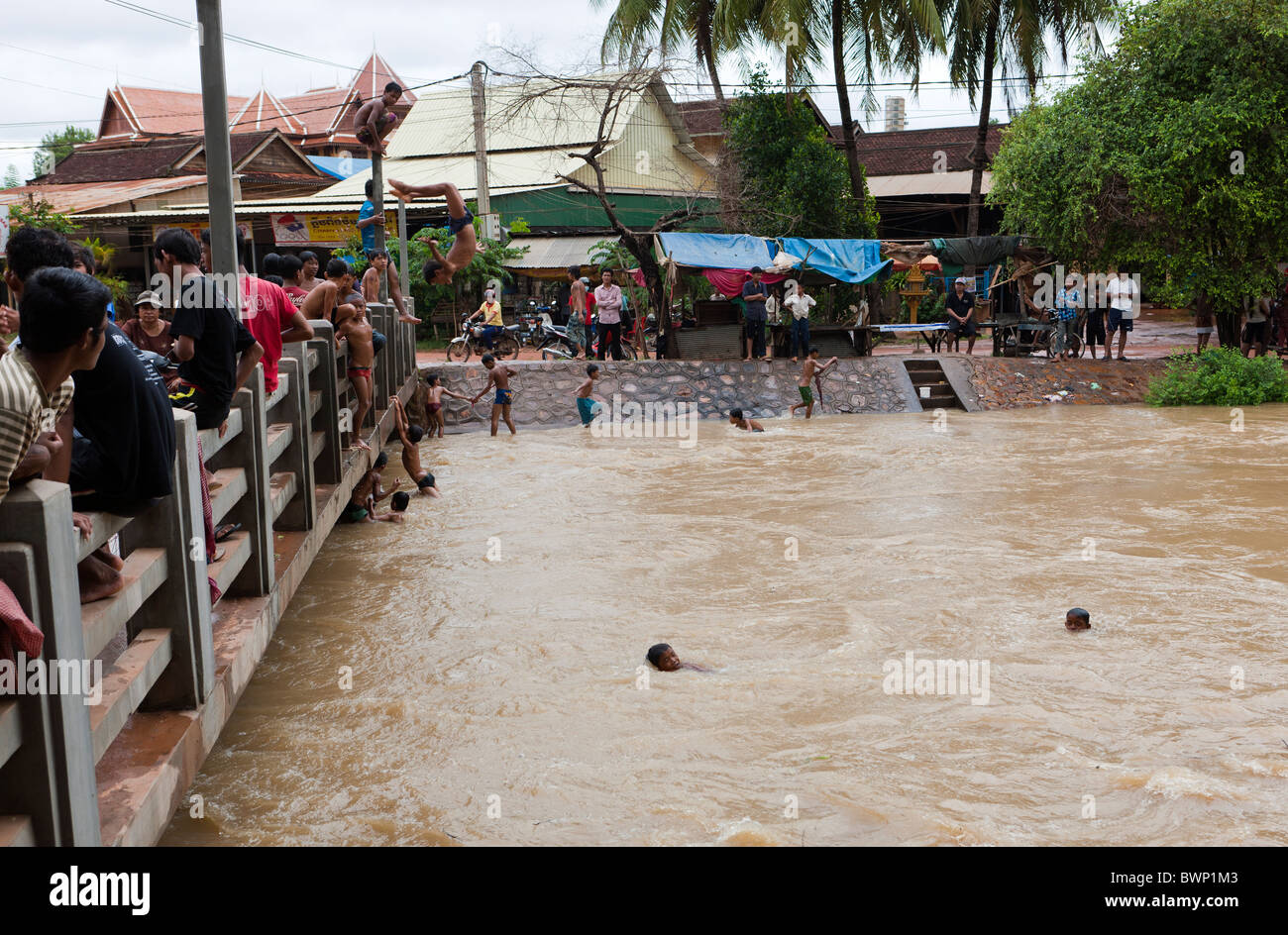 Street scene of floods in Siem Reap. Cambodia. Asia Stock Photo