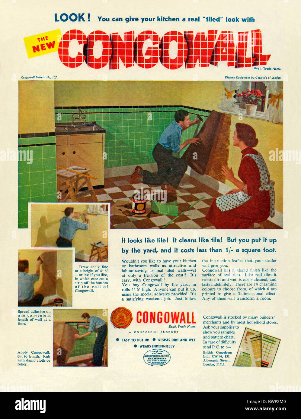 Advert for Congowall, vinyl wall covering, a DIY product, in The Practical Householder magazine, 1956 Stock Photo