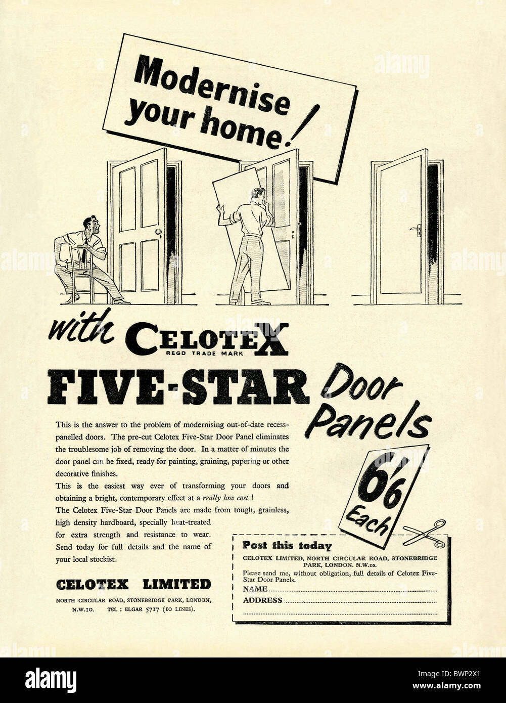 Advert for Celotex hardboard door panels, a DIY product in The Practical Householder magazine, 1956 Stock Photo