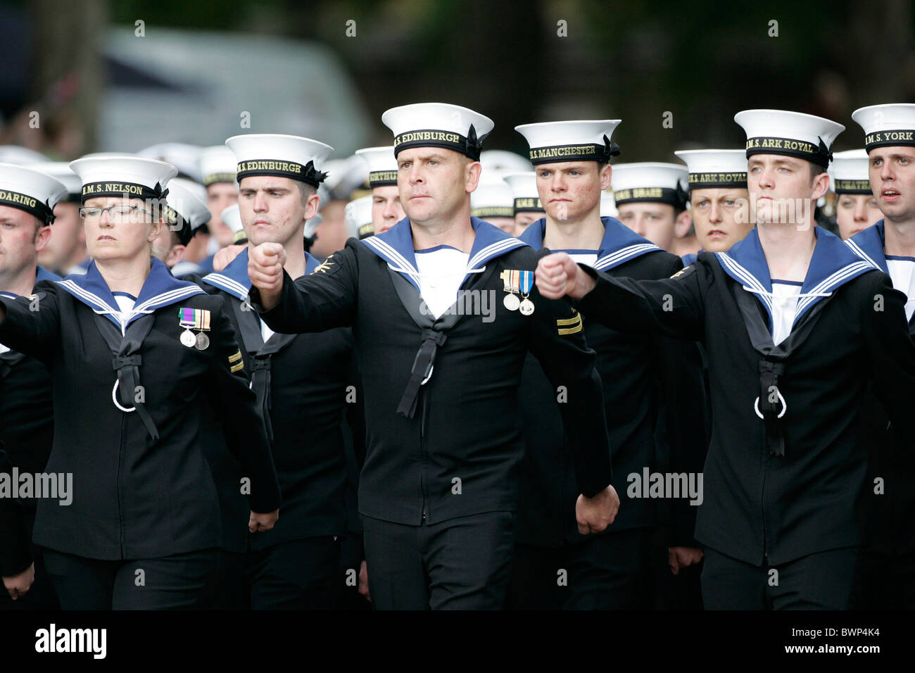 Sailors in the Royal Navy march at the Falklands Veterans Parade in London Stock Photo