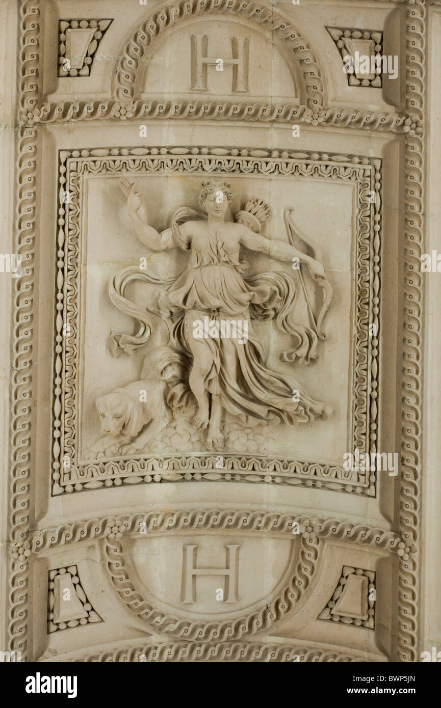 Paris, France, Architectural Detail, From Below, Louvre Museum, French Sculpture, on Ceiling in Stairway Stock Photo