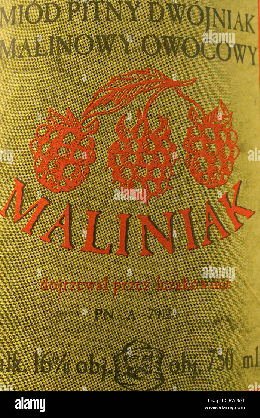 Label of Polish finest drinking mead with raspberry honey wine Maliniak