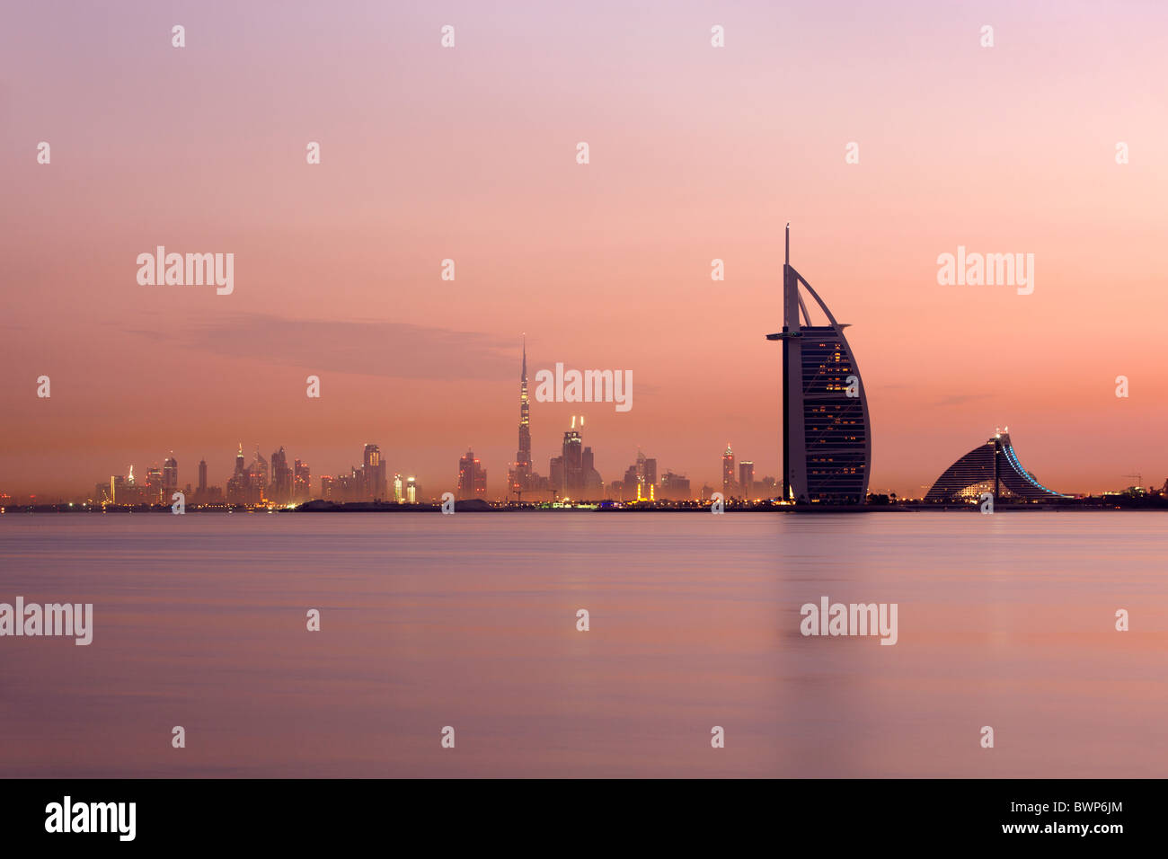 Dubai skyline at sunrise Stock Photo