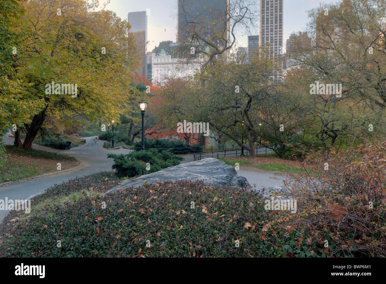 Autumn with a view of Central Park South in the distance and the Plaza ...
