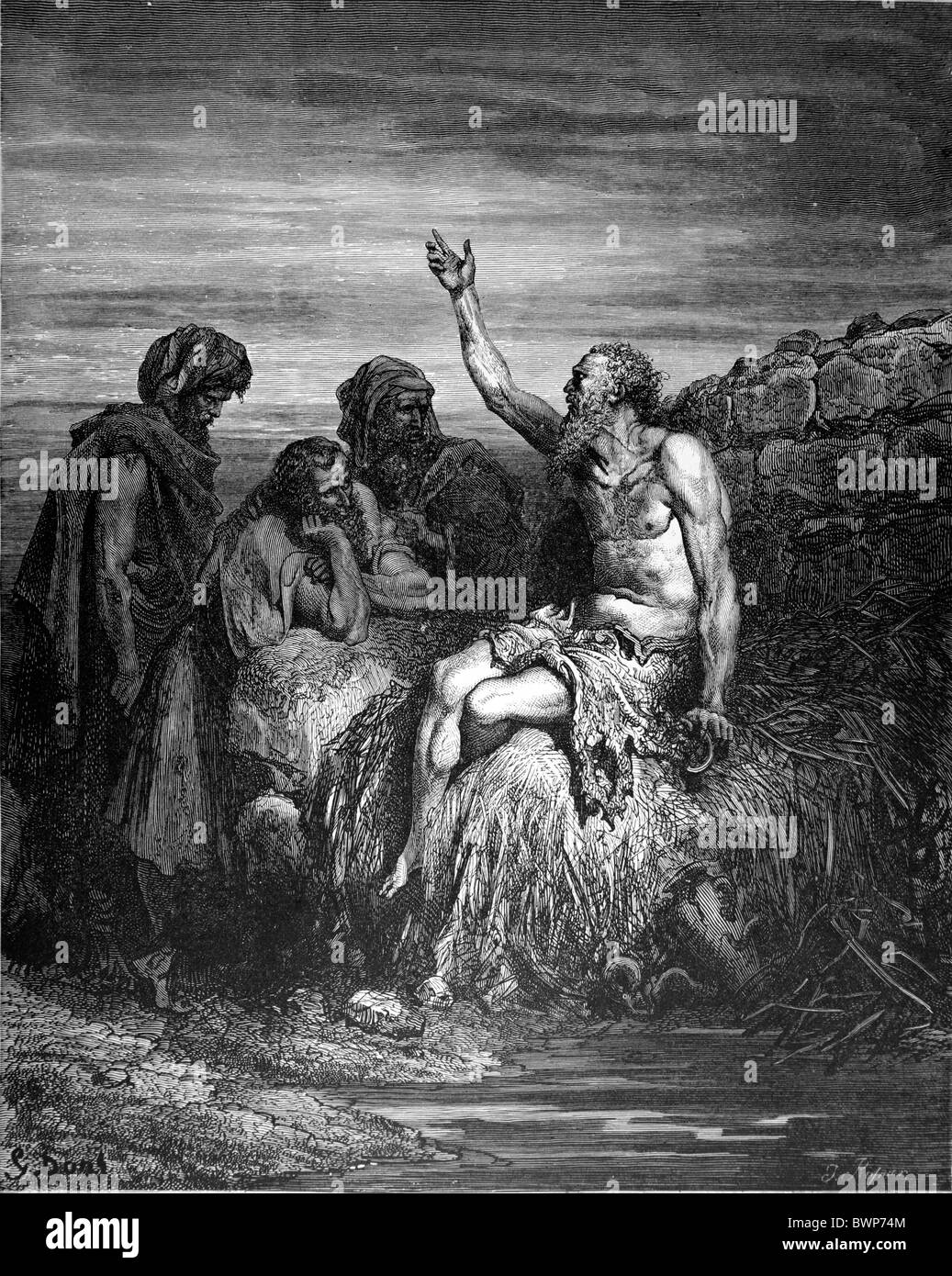 Gustave Doré; Job and His Friends, a scene from the Old Testament; Black and White Engraving Stock Photo