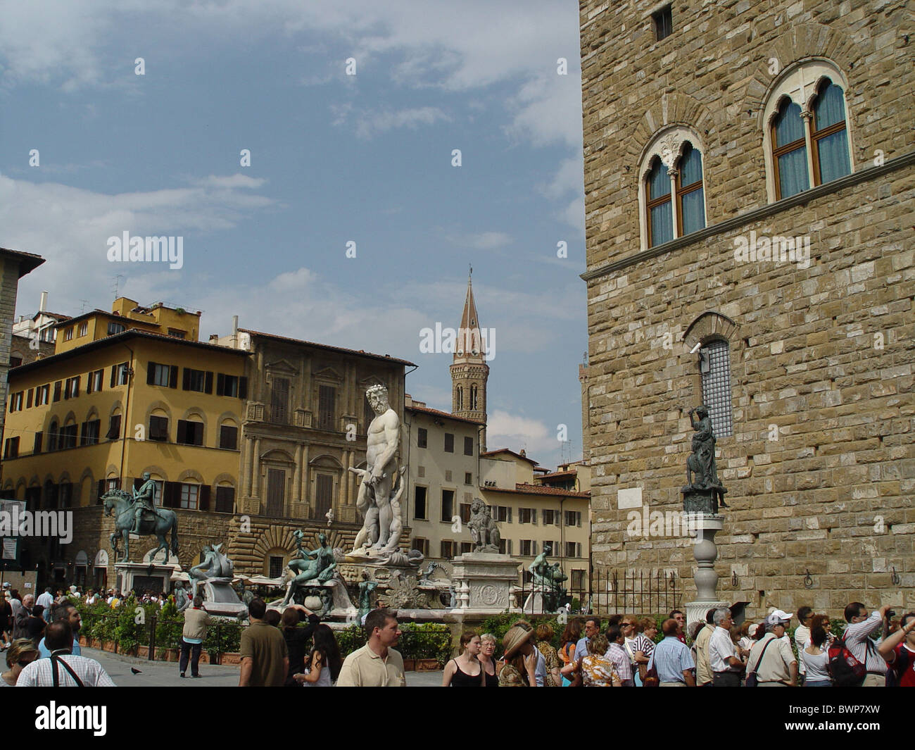 Italy Europe Tuscany Toscana Florence Piazza della Signoria Fountain of Neptune Bartolomeo Ammannati Statues Stock Photo