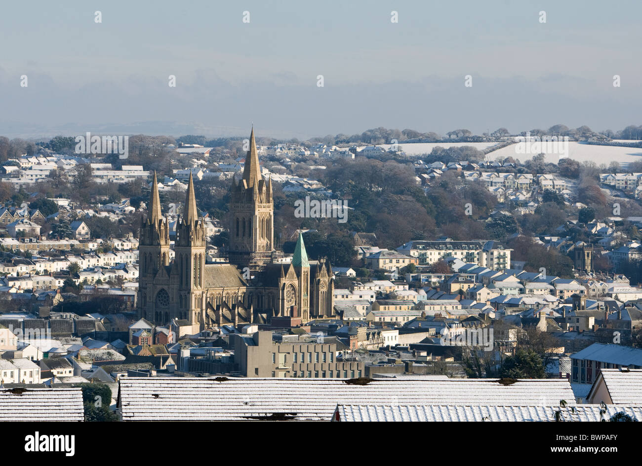 Truro Cathedral in the snow. Stock Photo