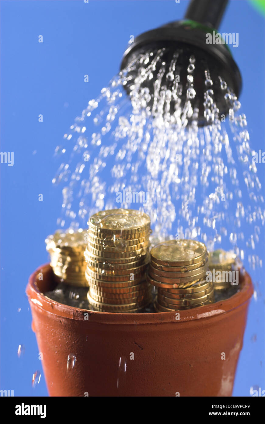 Money laundering Symbol Concept Flower pot Coins Coins Currency Water Shower Showering Sprinkler Finance F Stock Photo