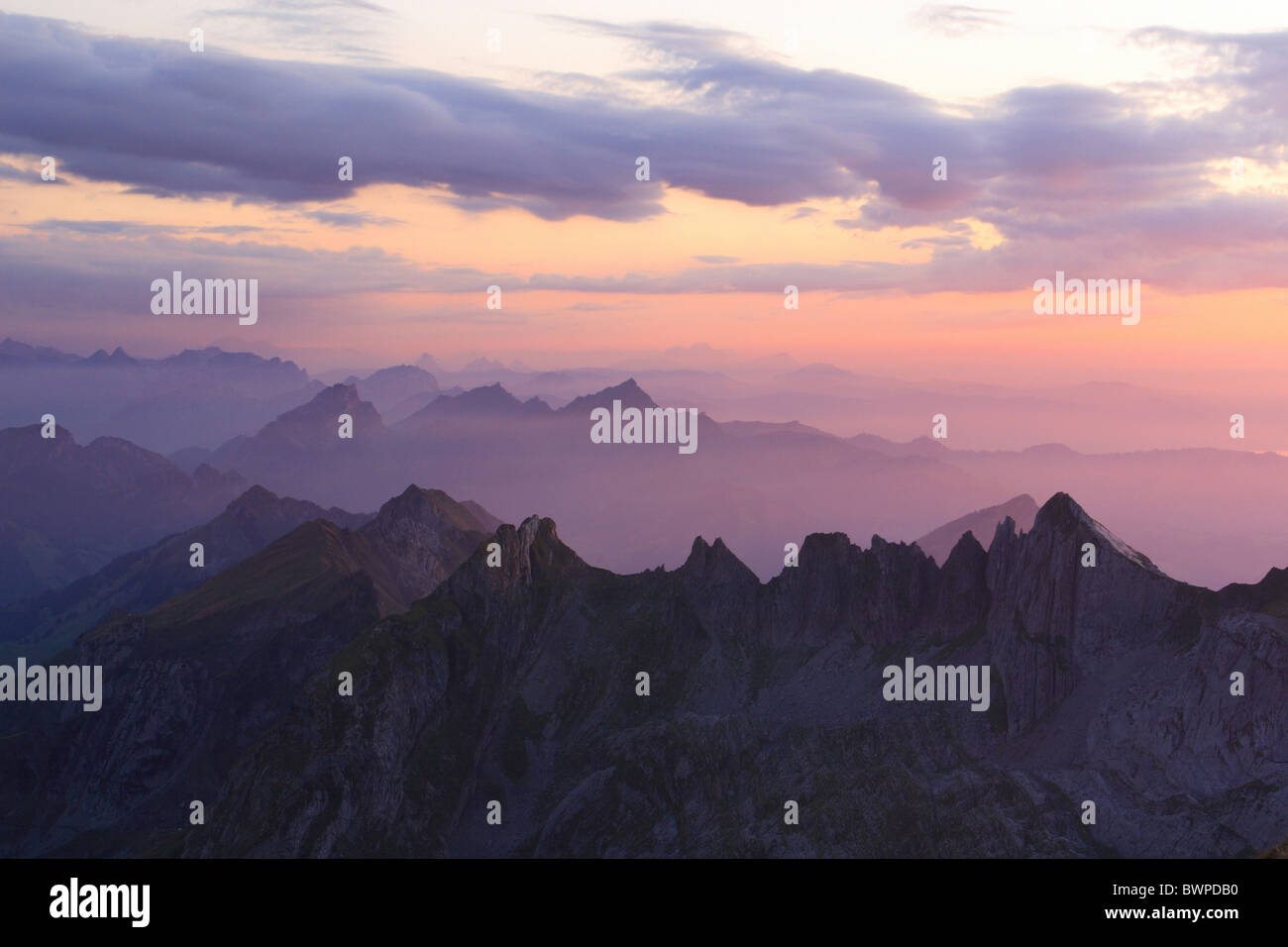 Switzerland Europe View from Mount Santis Swiss Alps Alpstein area ...