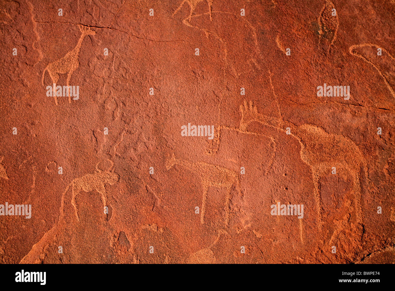 Namibia Africa Twyfelfontein Petroglyphs Summer 2007 Africa UNESCO World heritage site rock carvings symbols Stock Photo