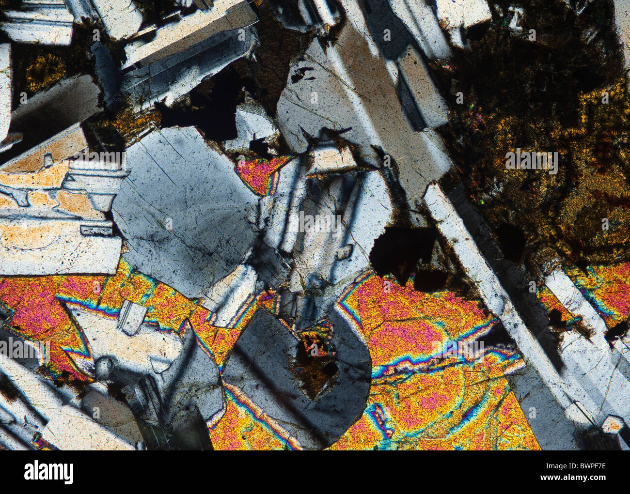 Vent Dolerite, Cross Polarised Microscope Image Stock Photo