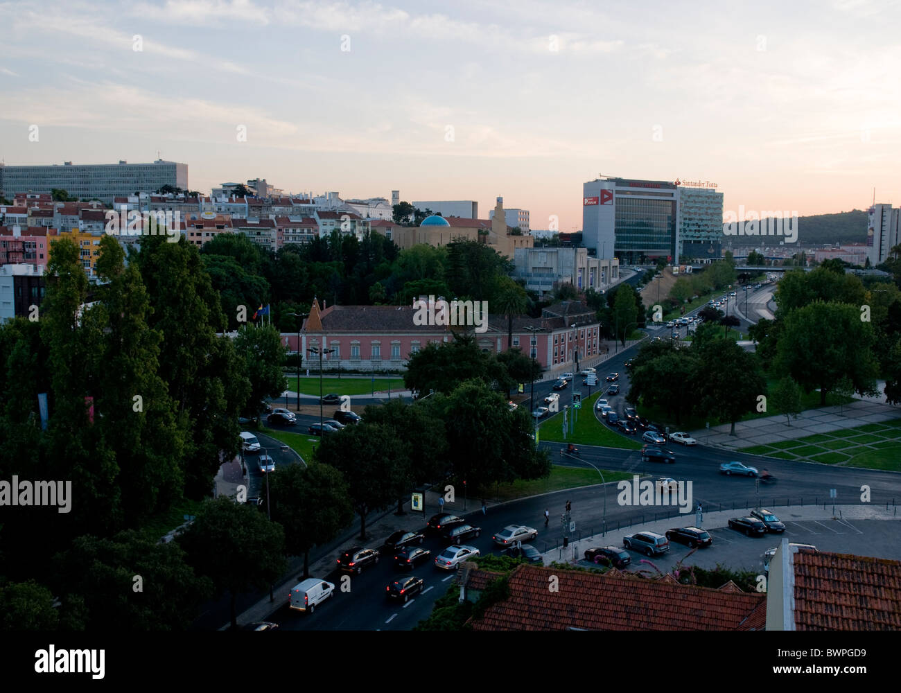 Praça de Espanha in central Lisbon. The pink facade of the Spanish embassy building is clearly visible. Stock Photo