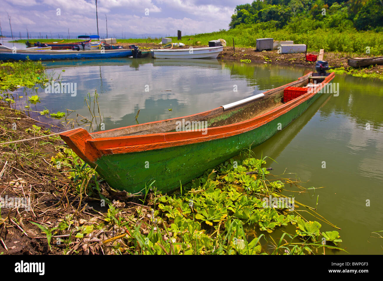 LAKE BAYANO, PANAMA - Motorized canoe, Lake Bayano, Comarca Kuna de Madungandi indigenous territory. Stock Photo