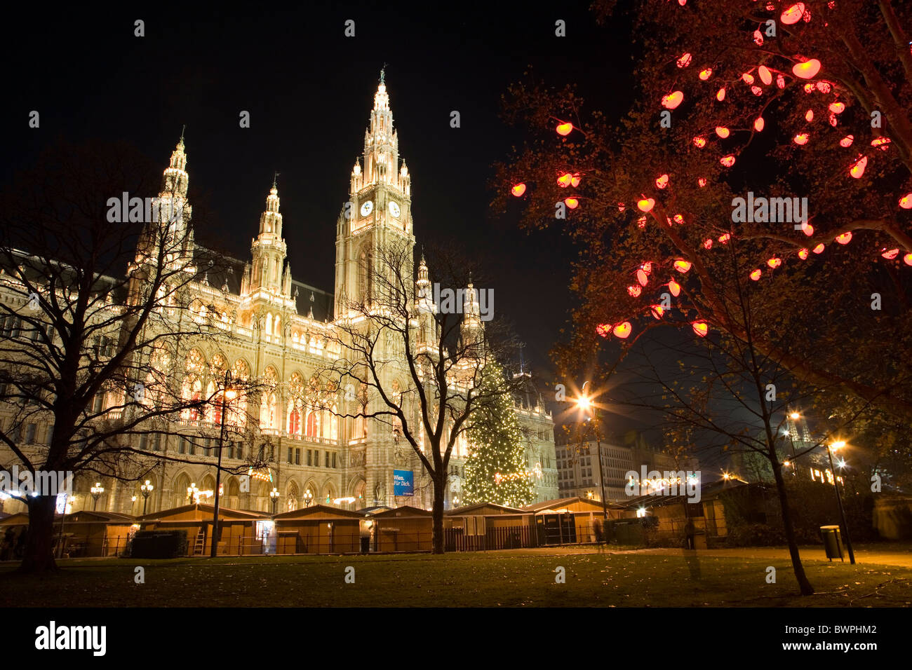 Vienna - christmas-market decoration for the townhall in the night Stock Photo