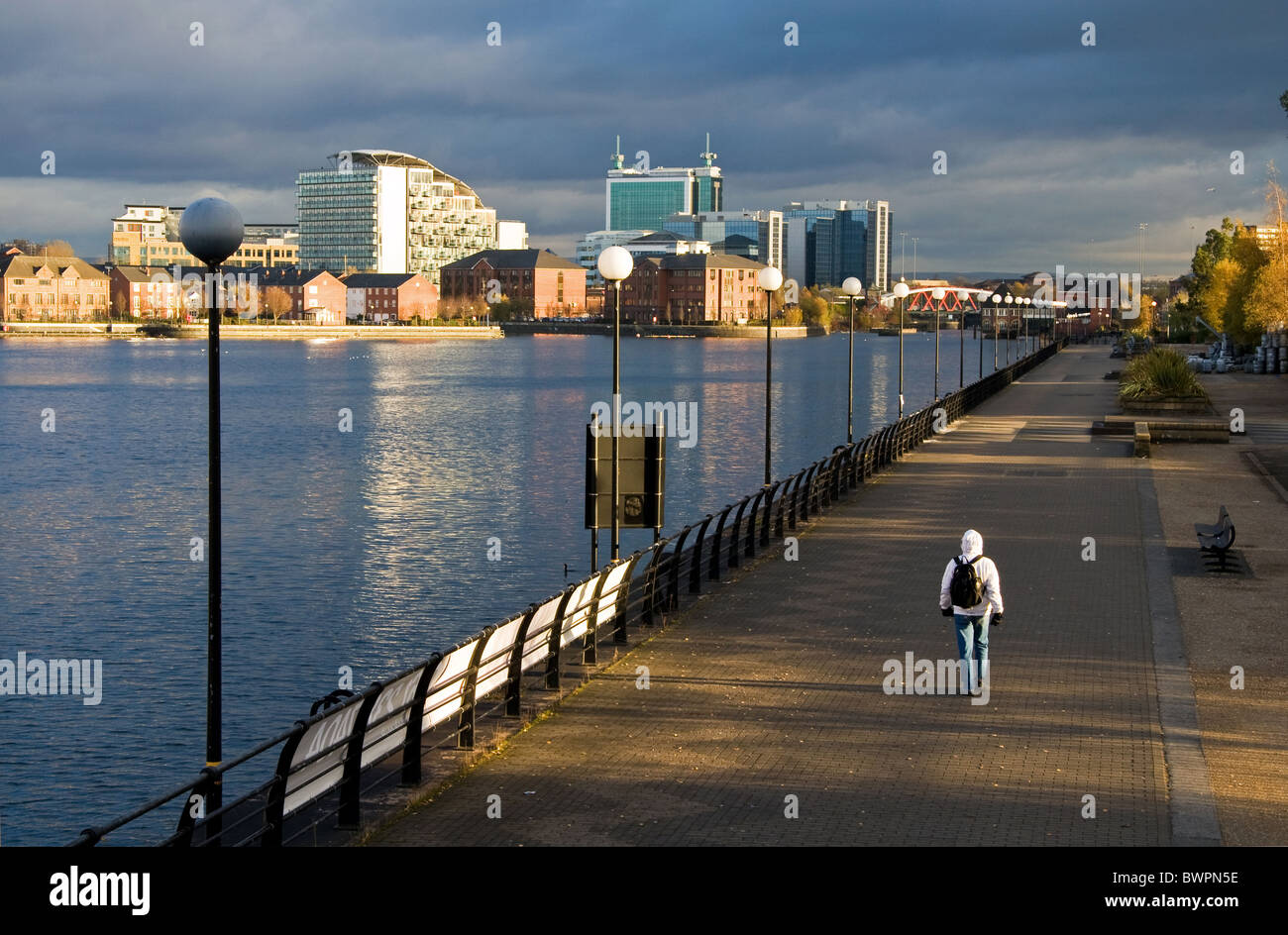 Winter day.Walkway on Trafford Wharf,alongside Manchester Docks/Manchester Ship Canal, Salford Quays, Salford,Greater Manchester Stock Photo