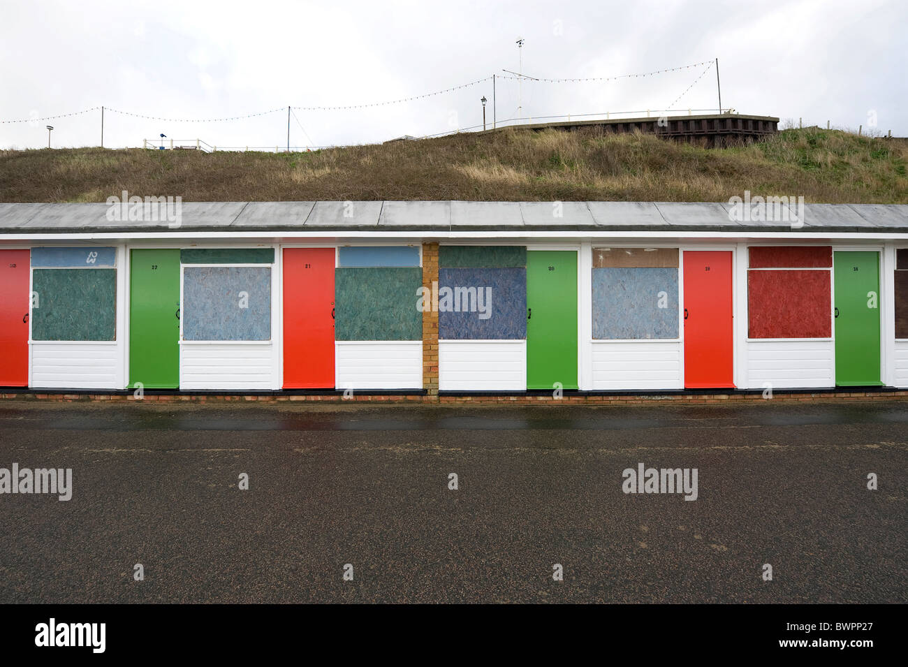 boarded up beach huts at cromer, norfolk, england Stock Photo
