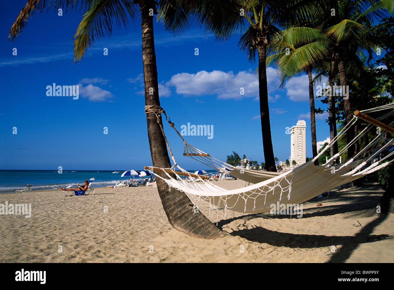 Puerto Rico Isla Verde Beach San Juan Caribbean island Greater Antilles beach palm trees hammock holiday vac Stock Photo